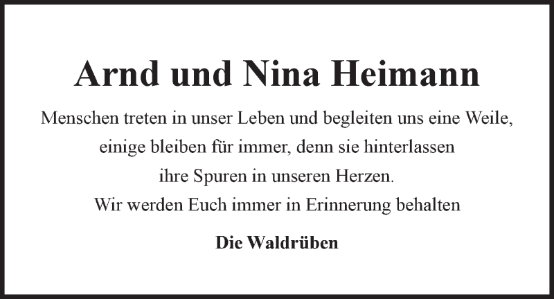  Traueranzeige für Arnd und Nina Heimann vom 12.09.2015 aus LZ