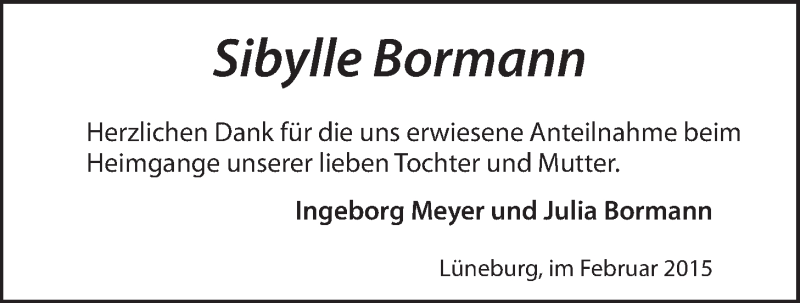  Traueranzeige für Sibylle Bormann vom 23.02.2015 aus LZ