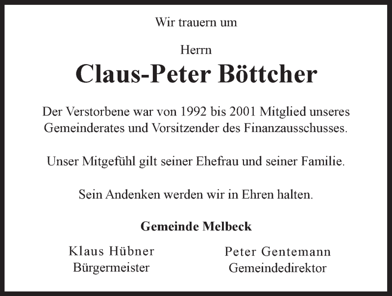  Traueranzeige für Claus-Peter Böttcher vom 25.09.2015 aus LZ