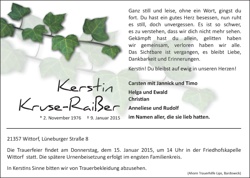  Traueranzeige für Kerstin Kruse-Raißer vom 12.01.2015 aus LZ