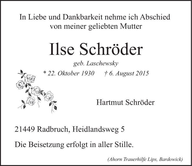  Traueranzeige für Ilse Schröder vom 10.08.2015 aus LZ
