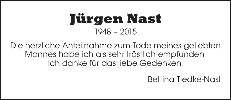  Traueranzeige für Jürgen Nast vom 25.02.2015 aus LZ