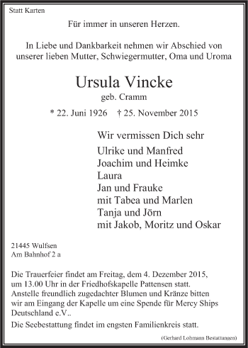 Anzeige von Ursula Vincke von LZ