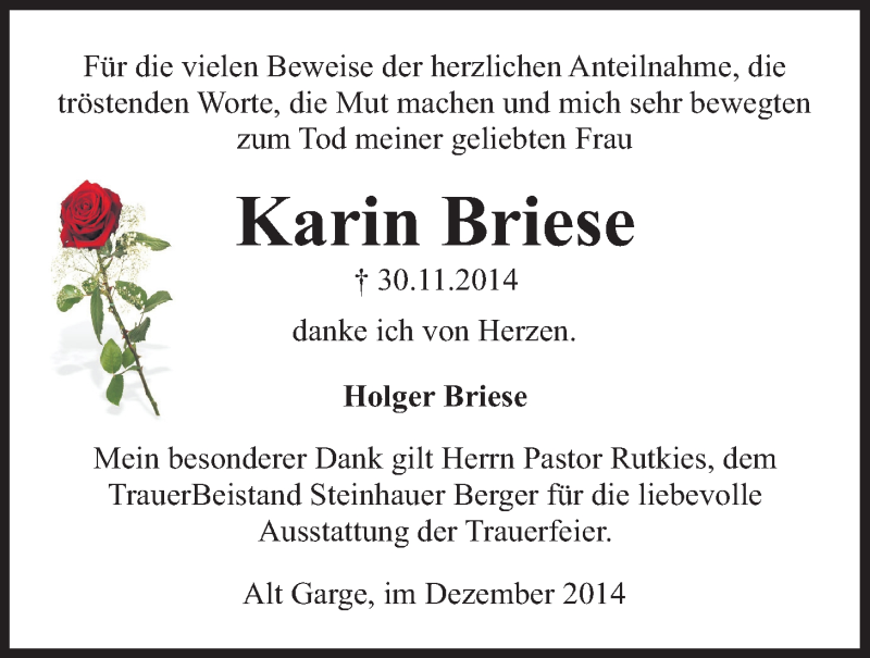  Traueranzeige für Karin Briese vom 29.12.2014 aus LZ