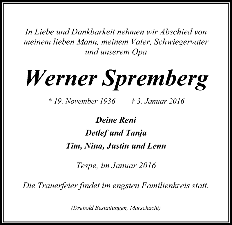  Traueranzeige für Werner Spremberg vom 09.01.2016 aus LZ