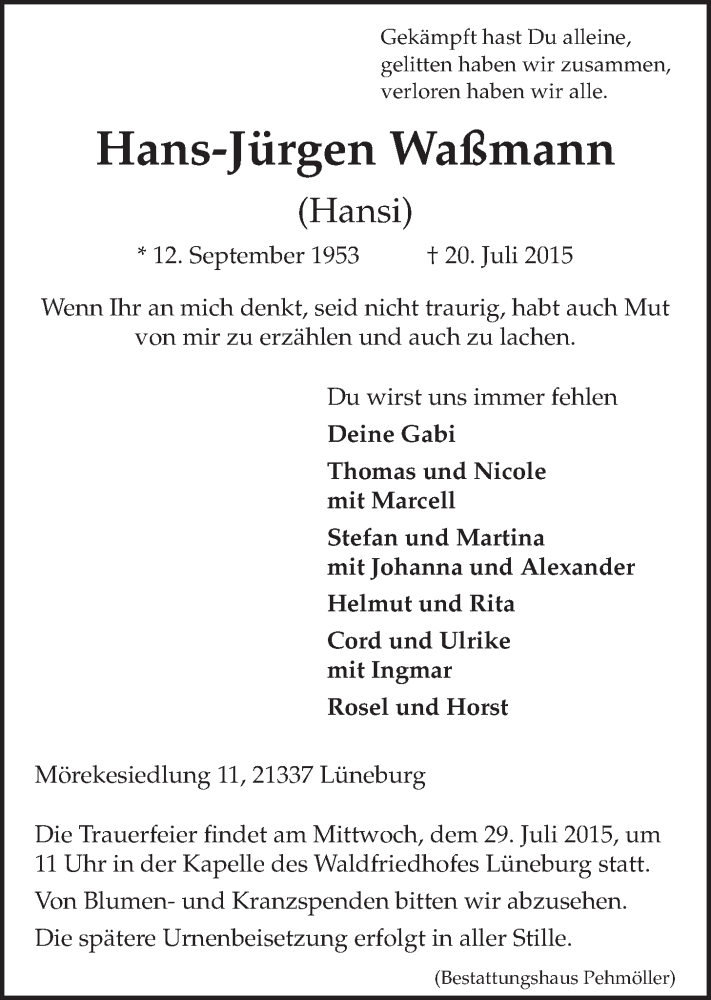  Traueranzeige für Hans-Jürgen Waßmann vom 25.07.2015 aus LZ