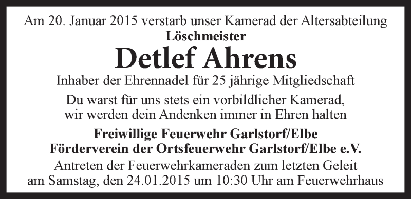  Traueranzeige für Detlef Ahrens vom 22.01.2015 aus LZ