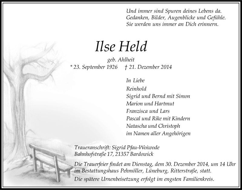  Traueranzeige für Ilse Held vom 27.12.2014 aus LZ