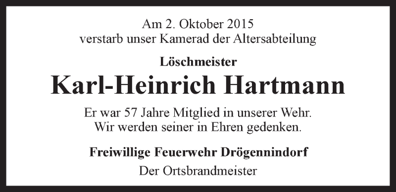  Traueranzeige für Karl-Heinrich Hartmann vom 06.10.2015 aus LZ
