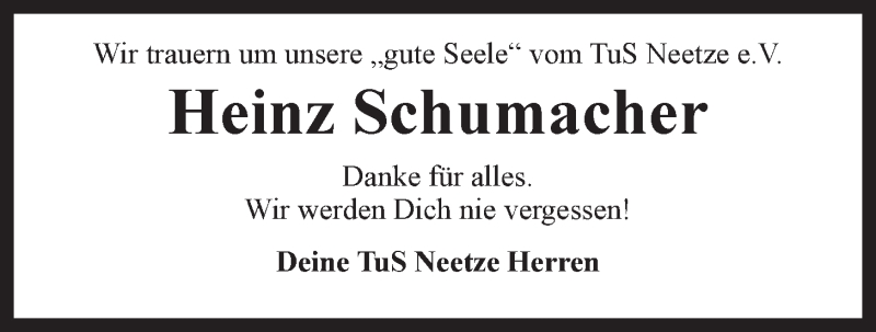  Traueranzeige für Heinz Schumacher vom 13.06.2015 aus LZ