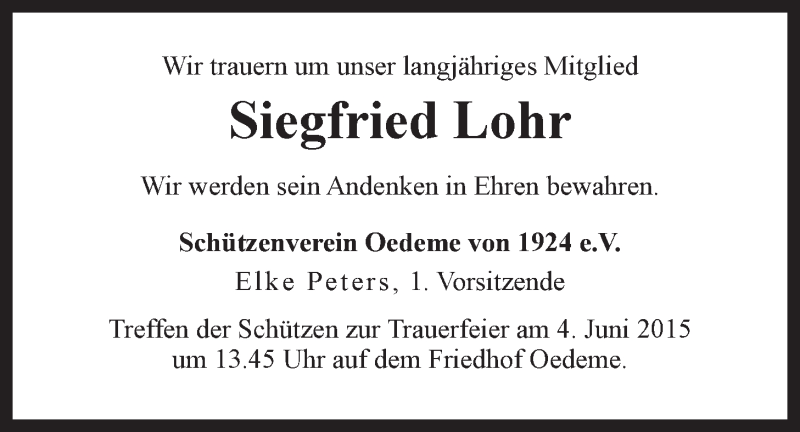  Traueranzeige für Siegfried Lohr vom 02.06.2015 aus LZ