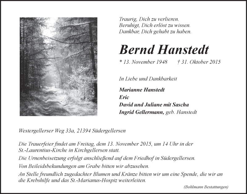  Traueranzeige für Bernd Hanstedt vom 04.11.2015 aus LZ