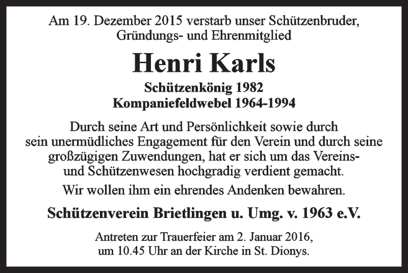  Traueranzeige für Henri Karls vom 23.12.2015 aus LZ