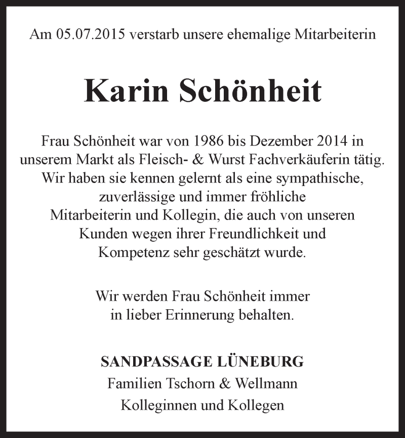  Traueranzeige für Karin Schönheit vom 07.07.2015 aus LZ