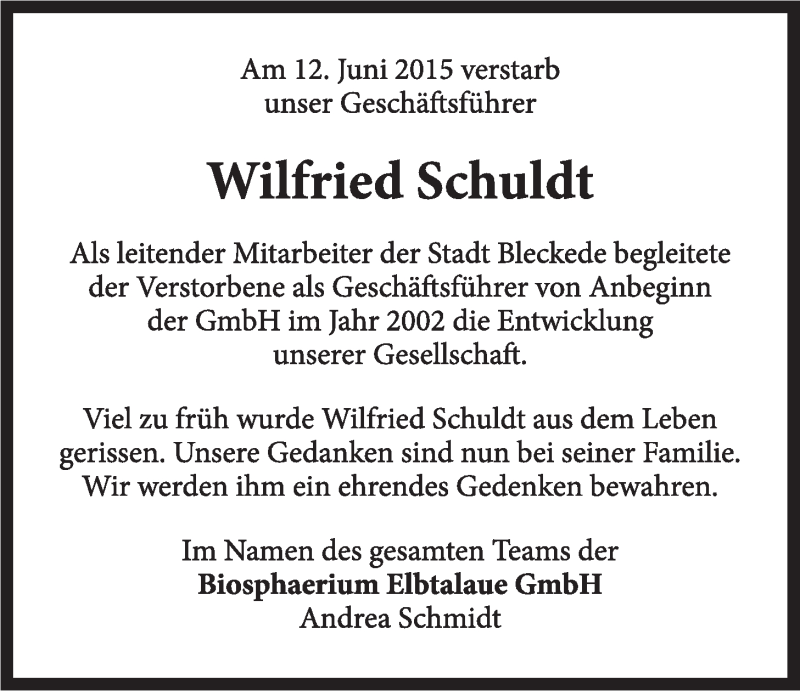  Traueranzeige für Wilfried Schuldt vom 19.06.2015 aus LZ