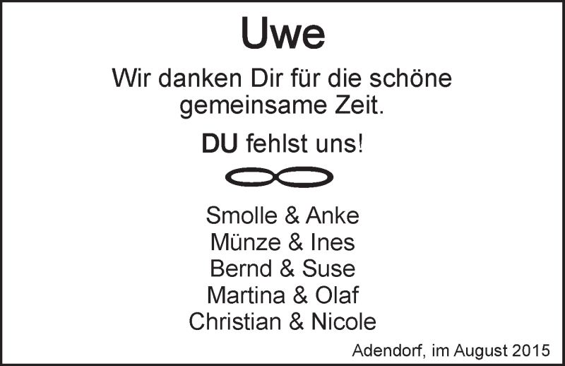  Traueranzeige für Uwe Grade vom 11.08.2015 aus LZ