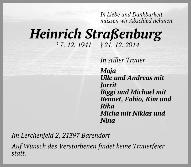  Traueranzeige für Heinrich Straßenburg vom 24.12.2014 aus LZ