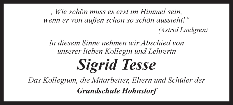  Traueranzeige für Sigrid Tesse vom 03.11.2015 aus LZ