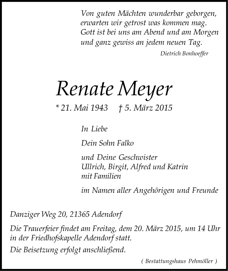  Traueranzeige für Renate Meyer vom 14.03.2015 aus LZ