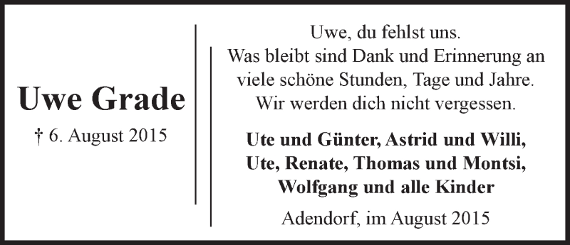  Traueranzeige für Uwe Grade vom 11.08.2015 aus LZ