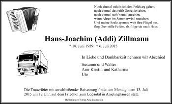 Anzeige von Hans-Joachim Zillmann von LZ