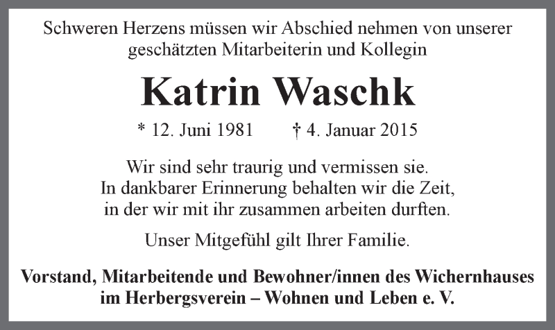  Traueranzeige für Katrin Waschk vom 14.01.2015 aus LZ
