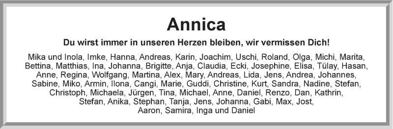  Traueranzeige für Annica Olsson vom 10.01.2015 aus LZ