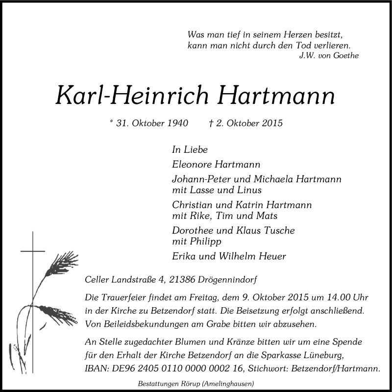  Traueranzeige für Karl-Heinrich Hartmann vom 06.10.2015 aus LZ