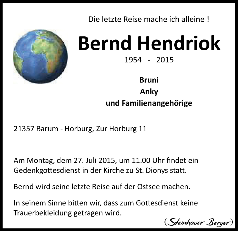  Traueranzeige für Bernd Hendriok vom 23.07.2015 aus LZ