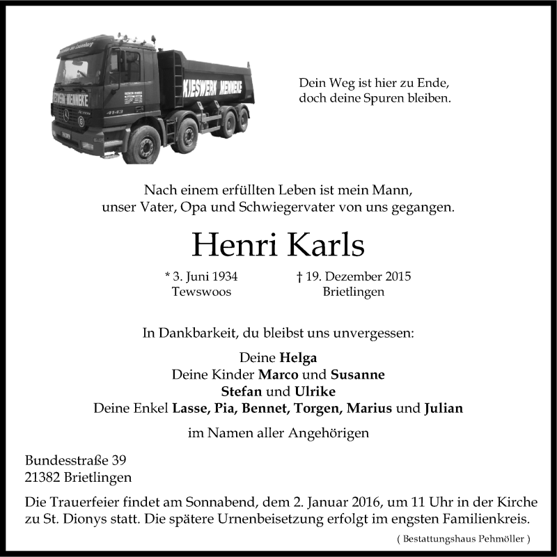  Traueranzeige für Henri Karls vom 23.12.2015 aus LZ