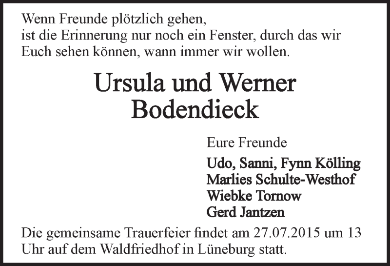  Traueranzeige für Ursula und Werner Bodendieck vom 21.07.2015 aus LZ