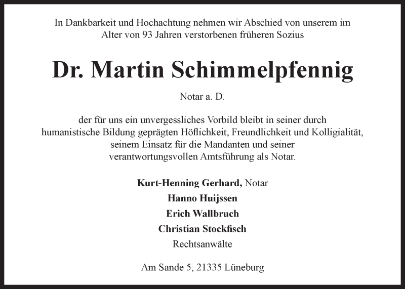  Traueranzeige für Martin Schimmelpfennig vom 16.12.2015 aus LZ
