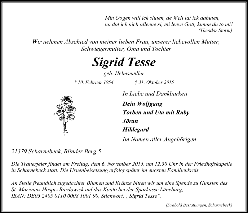  Traueranzeige für Sigrid Tesse vom 02.11.2015 aus LZ