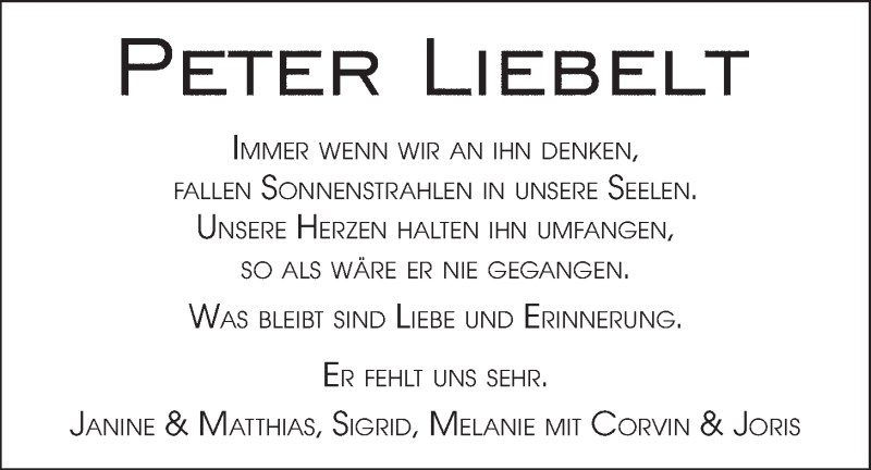  Traueranzeige für Peter Liebelt vom 30.12.2014 aus LZ