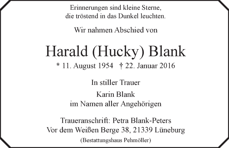  Traueranzeige für Harald Blank vom 02.02.2016 aus LZ