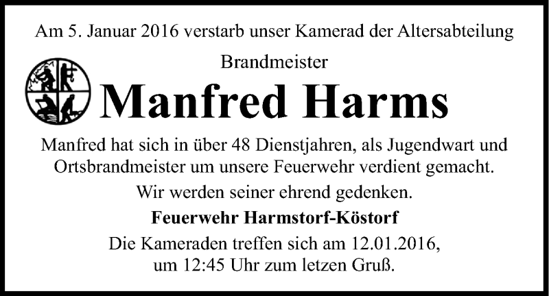  Traueranzeige für Manfred Harms vom 09.01.2016 aus LZ