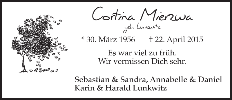  Traueranzeige für Cortina Mierzwa vom 29.04.2015 aus LZ