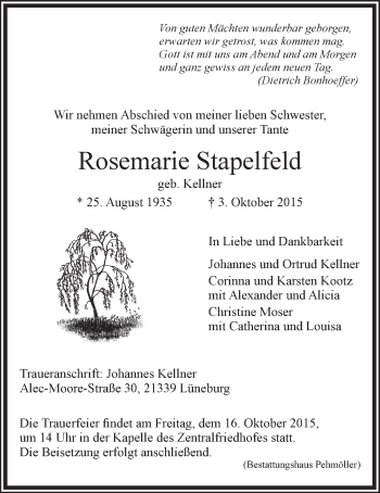 Anzeige von Rosemarie Stapelfeld von LZ