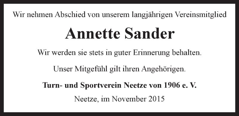  Traueranzeige für Annette Sander vom 12.11.2015 aus LZ