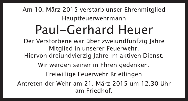  Traueranzeige für Paul-Gerhard Heuer vom 14.03.2015 aus LZ