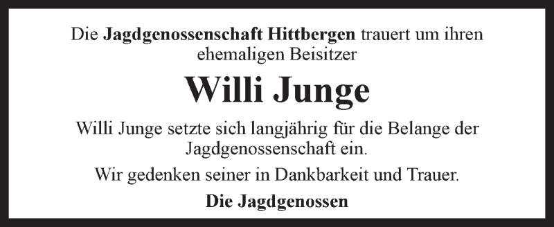  Traueranzeige für Willi Junge vom 06.10.2015 aus LZ