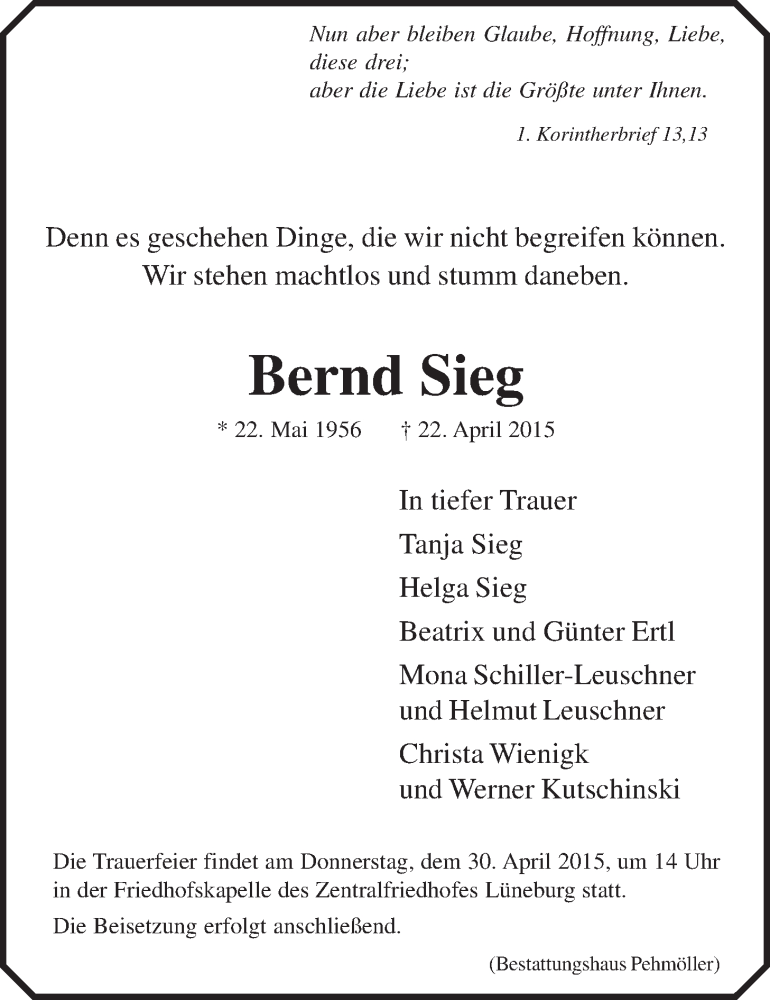  Traueranzeige für Bernd Sieg vom 25.04.2015 aus LZ