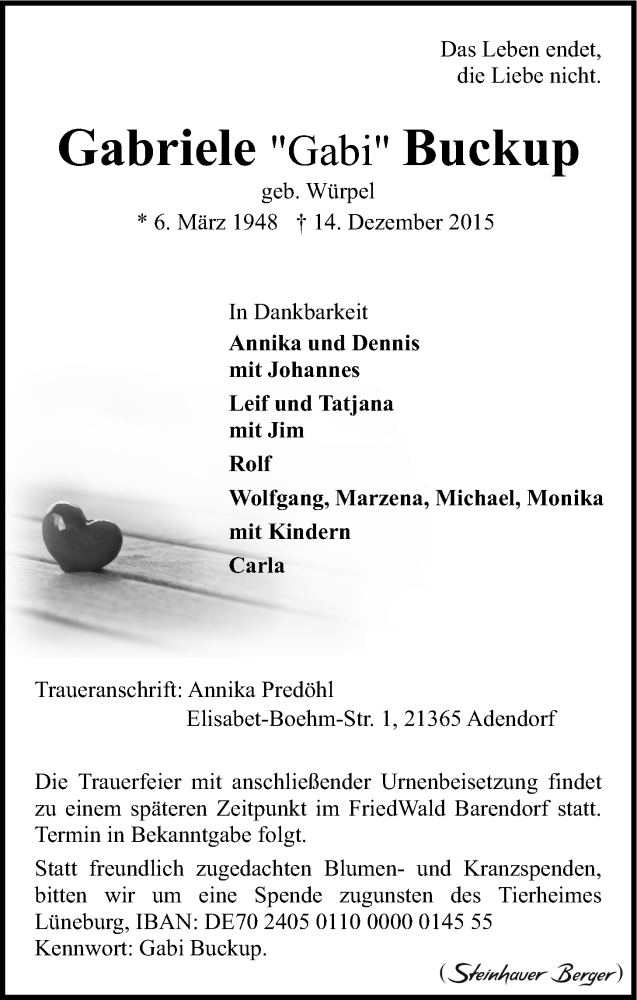  Traueranzeige für Gabriele Buckup vom 19.12.2015 aus LZ