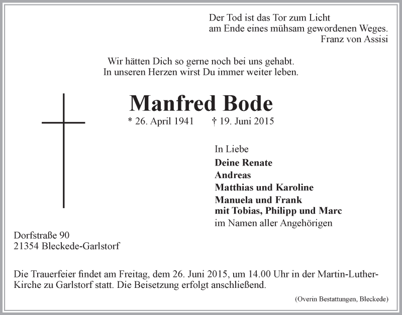  Traueranzeige für Manfred Bode vom 23.06.2015 aus LZ
