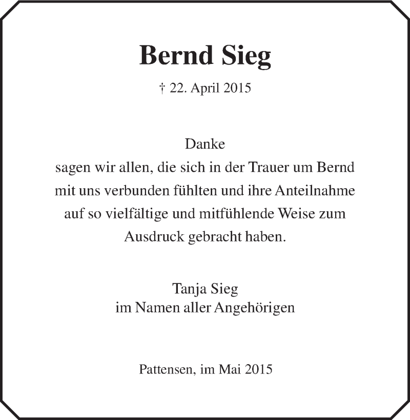  Traueranzeige für Bernd Sieg vom 16.05.2015 aus LZ