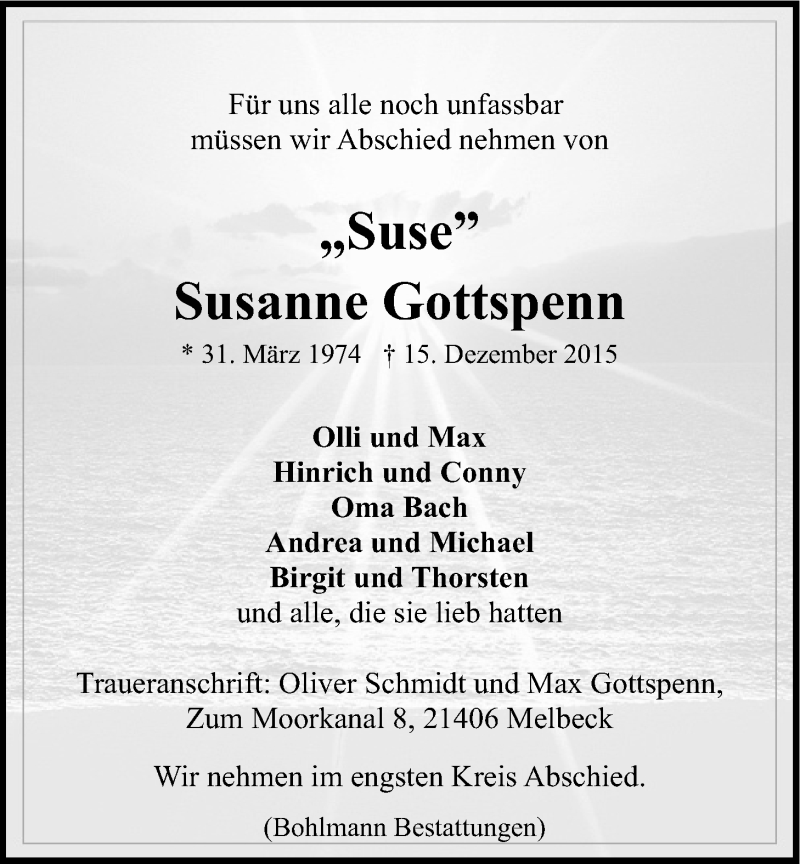  Traueranzeige für Susanne Gottspenn vom 19.12.2015 aus LZ