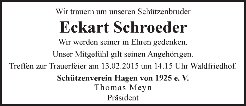  Traueranzeige für Eckart Schroeder vom 11.02.2015 aus LZ
