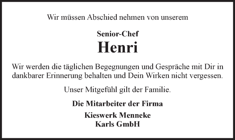  Traueranzeige für Henri Karls vom 23.12.2015 aus LZ