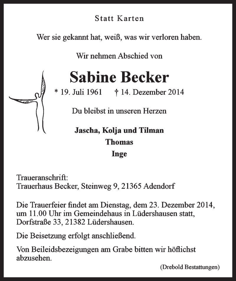 Traueranzeige für Sabine Becker vom 20.12.2014 aus LZ