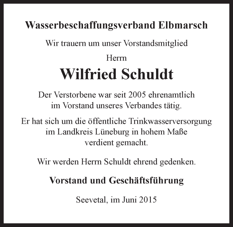  Traueranzeige für Wilfried Schuldt vom 19.06.2015 aus LZ